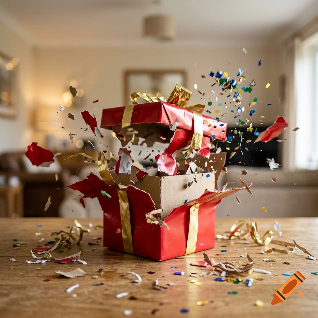 Photorealistic image of a red gift box on a wooden table exploding open with confetti and ribbons flying in the air.