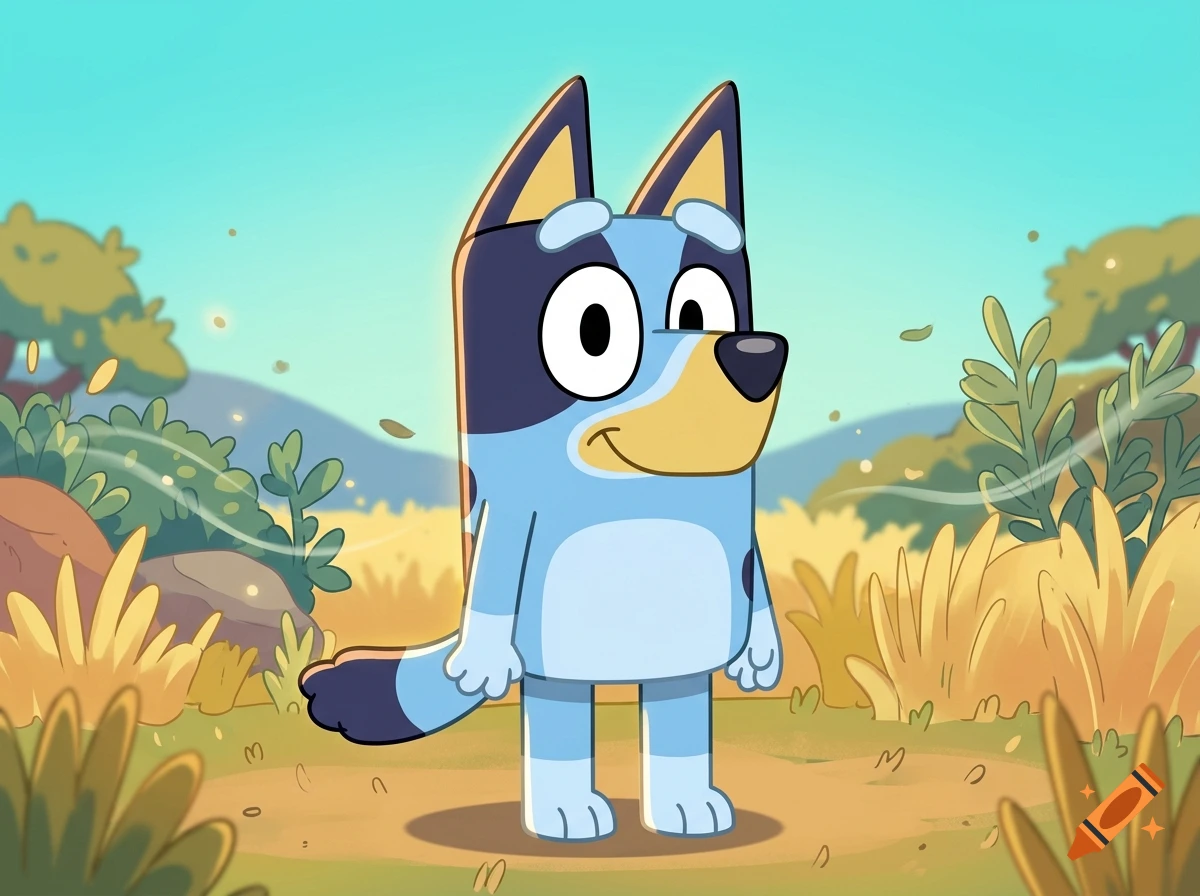 Bluey the blue heeler puppy standing in a grassy field in an animated cartoon style