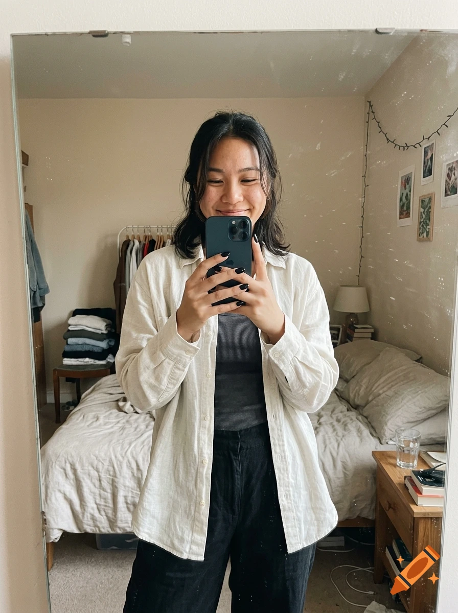Photorealistic mirror selfie of a smiling young woman holding her smartphone in a cozy bedroom.