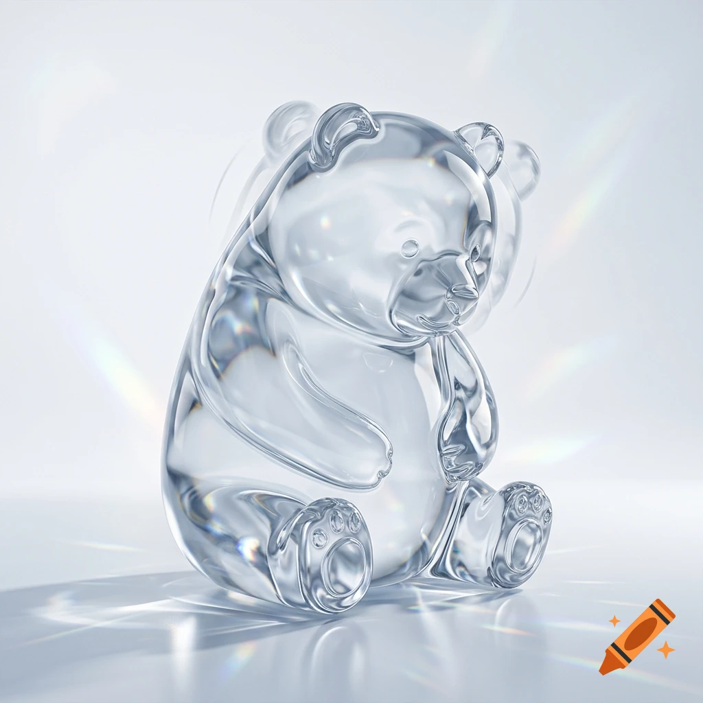 A transparent glass bear sculpture with a polished surface, sitting on a reflective surface against a soft light background.