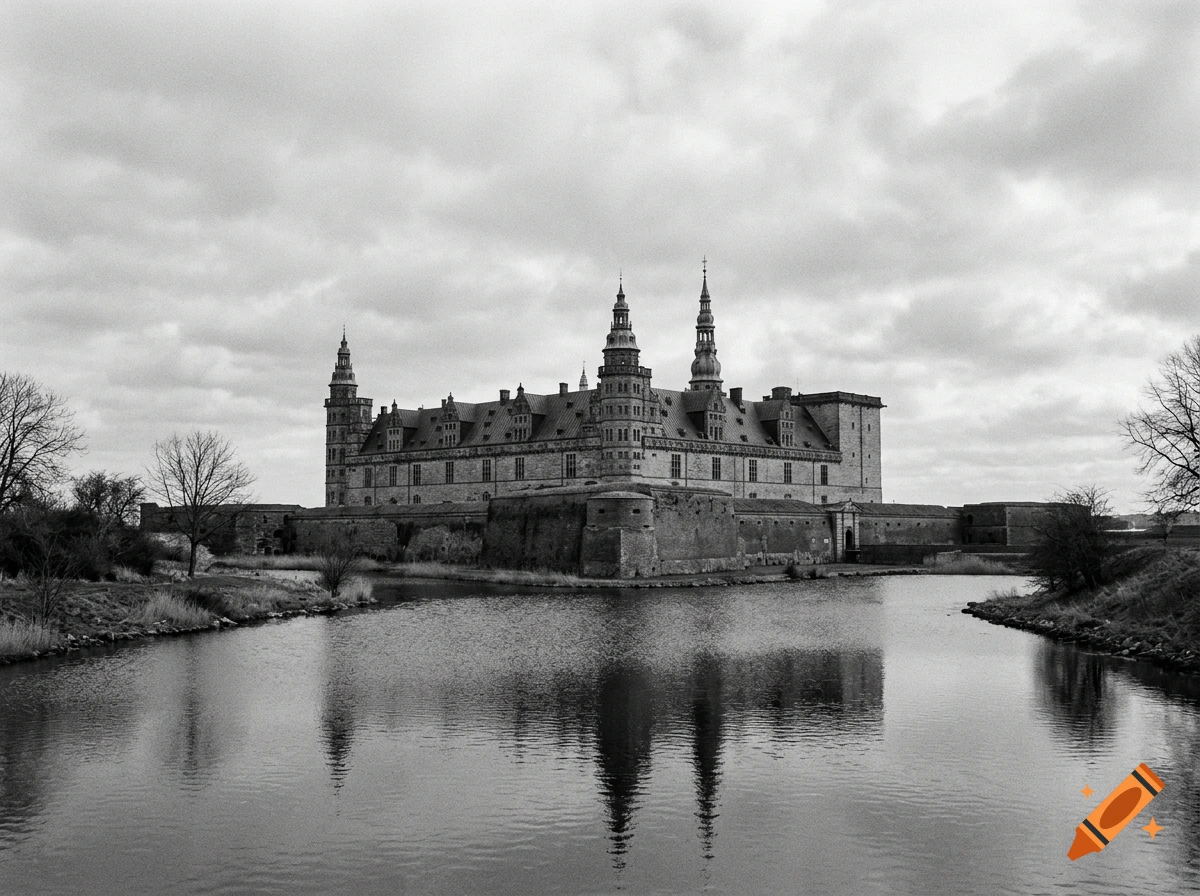 A black and white photograph of Kronborg Castle across a moat under an overcast sky.
