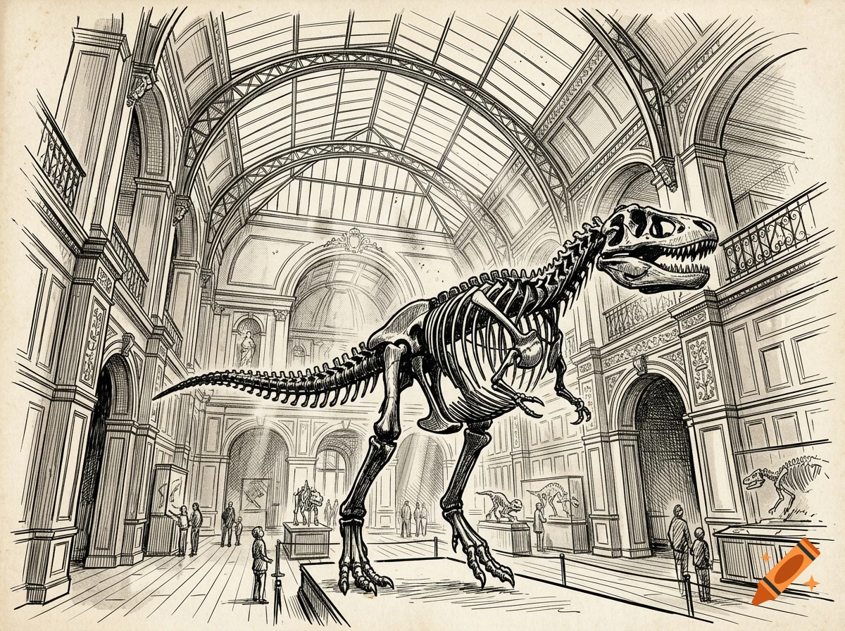 Black and white felt-tip pen sketch of a natural history museum interior with a large dinosaur skeleton in the center, vintage style.