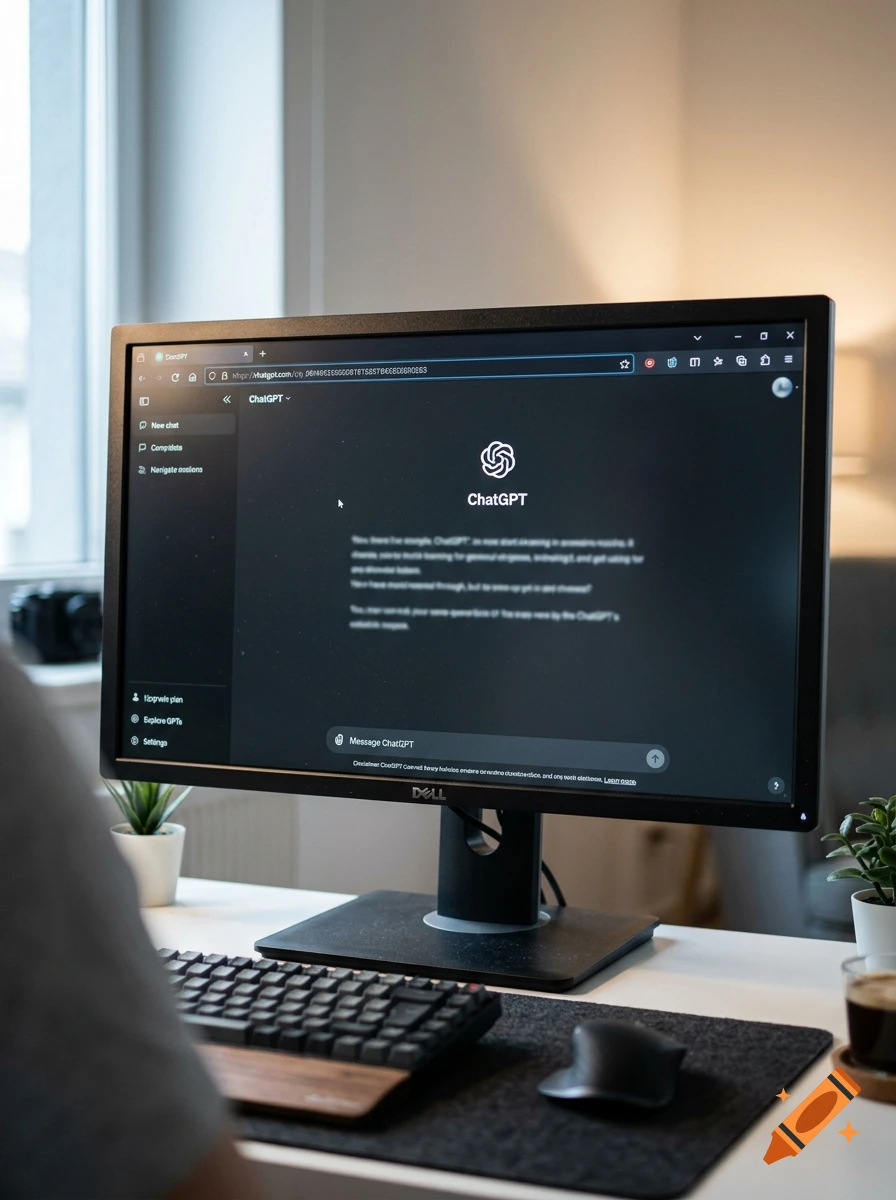 Close-up photograph of a computer monitor displaying a mock ChatGPT interface on a desk with a keyboard, mouse, and potted plant.