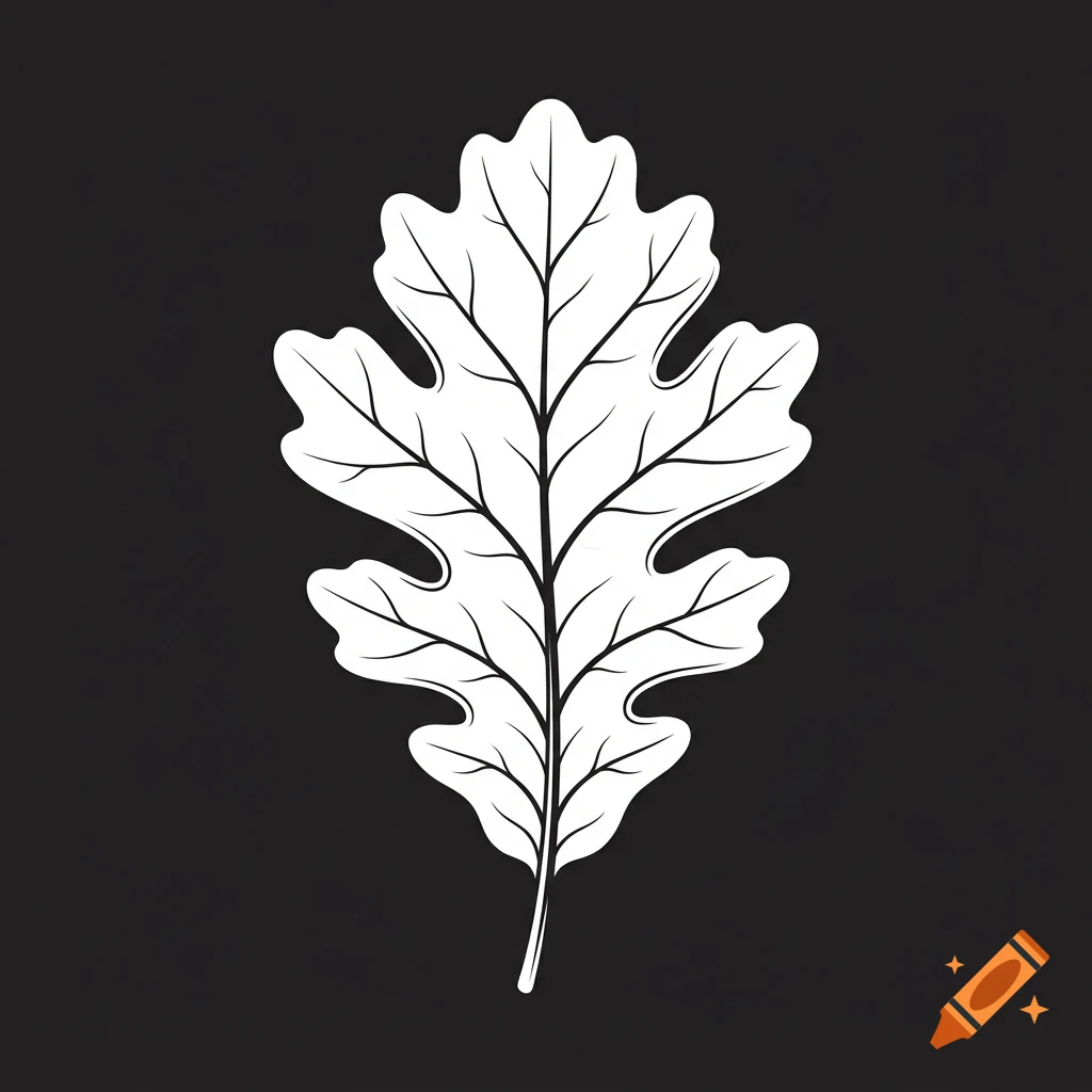 White oak leaf illustration with detailed veins on a black background.