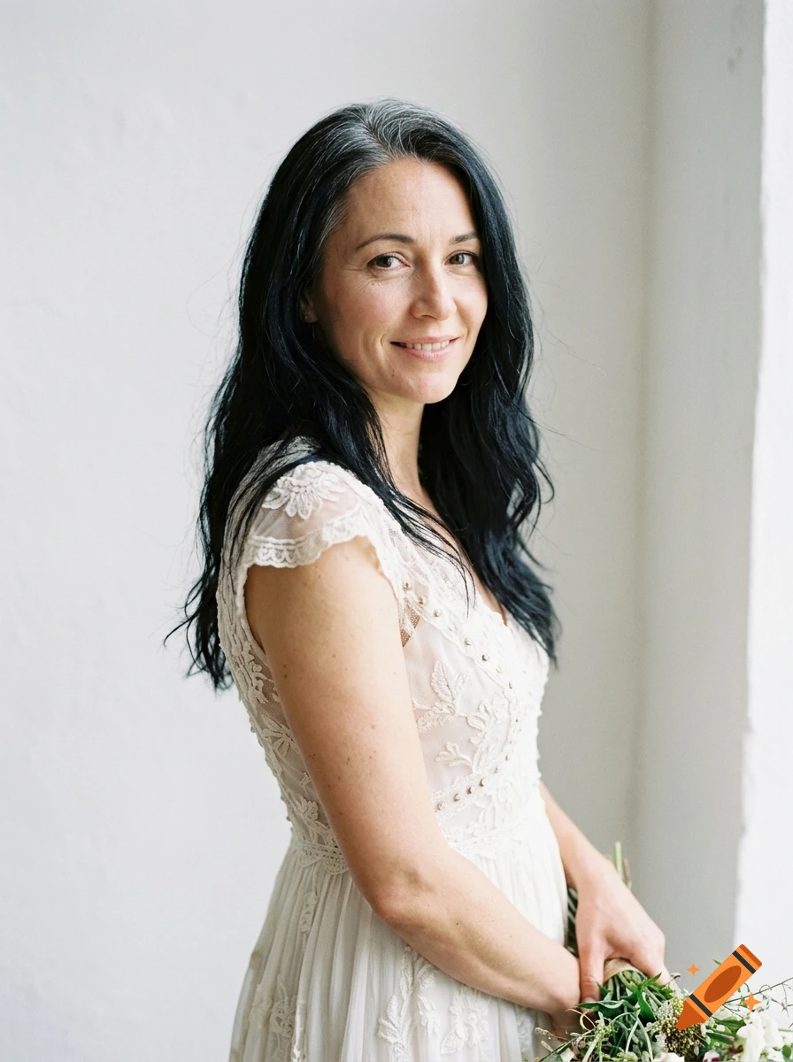Photorealistic portrait of a woman with dark hair and grey roots, wearing a boho-style wedding dress, holding flowers.