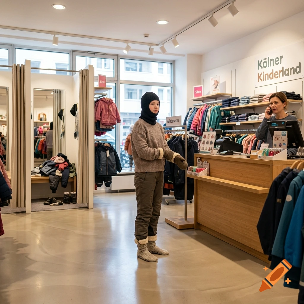 Photorealistic image of a girl wearing a balaclava, sweater, and cozy socks in a children's clothing store while a clerk talks on the phone.