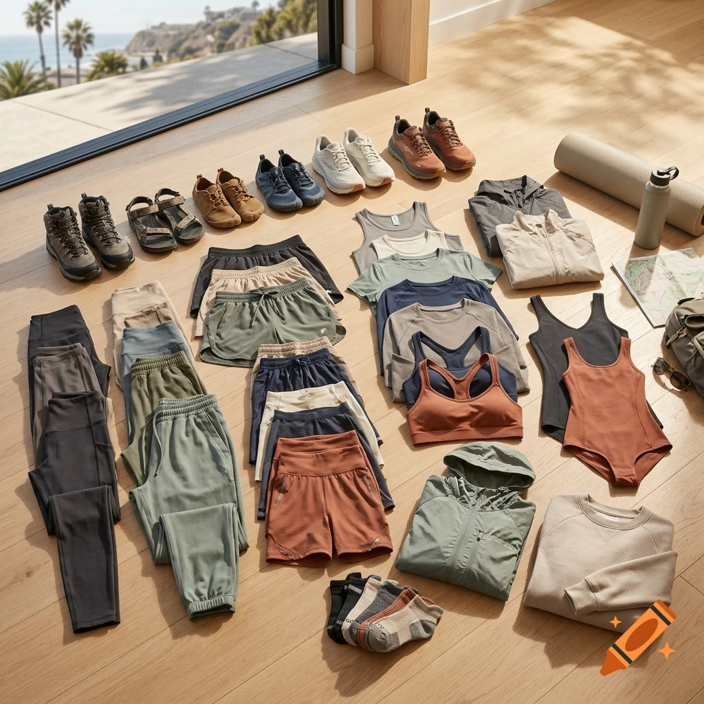 An organized flat lay of activewear, shoes, and workout gear arranged on a wooden floor next to a large window.