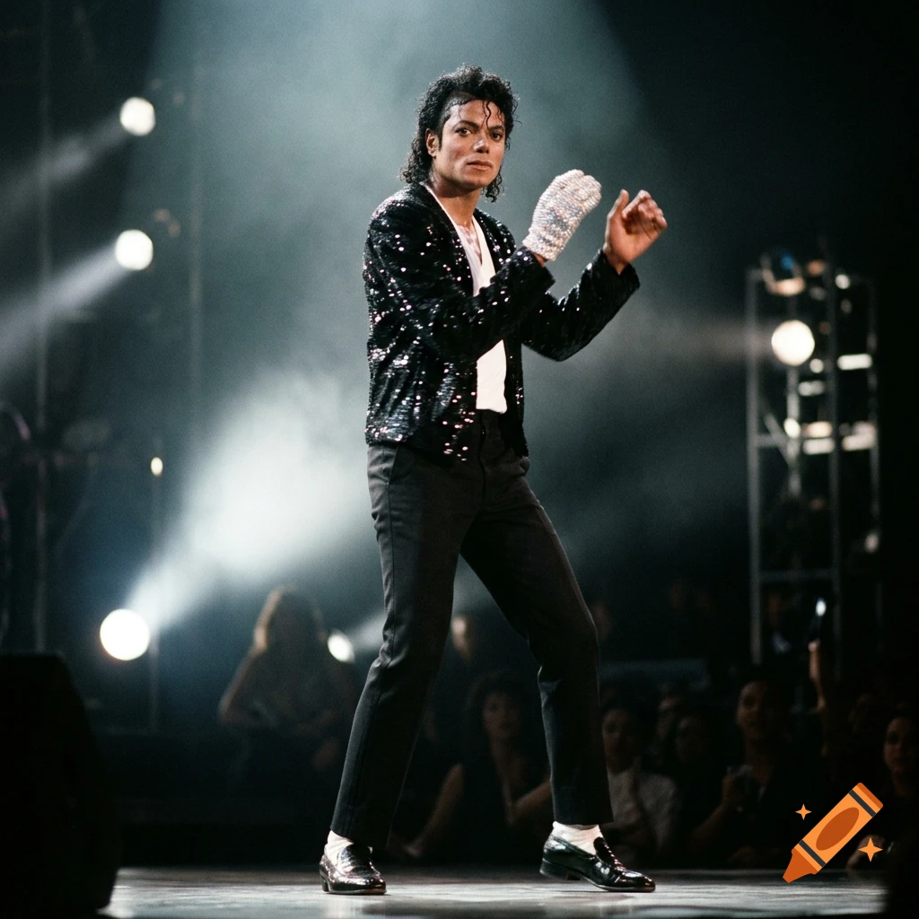 Michael Jackson performing on stage in a sparkly black jacket, white shirt, and black trousers under spotlights.