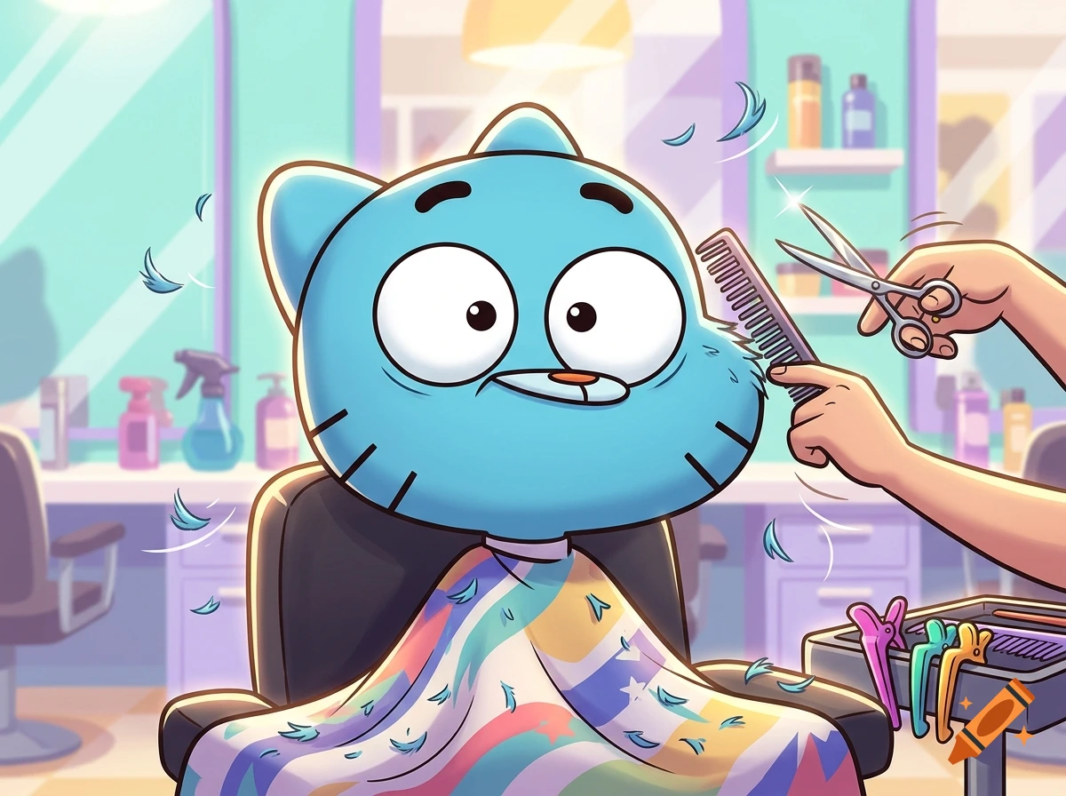 Digital illustration of the blue cartoon cat Gumball sitting in a hair salon chair getting a haircut.