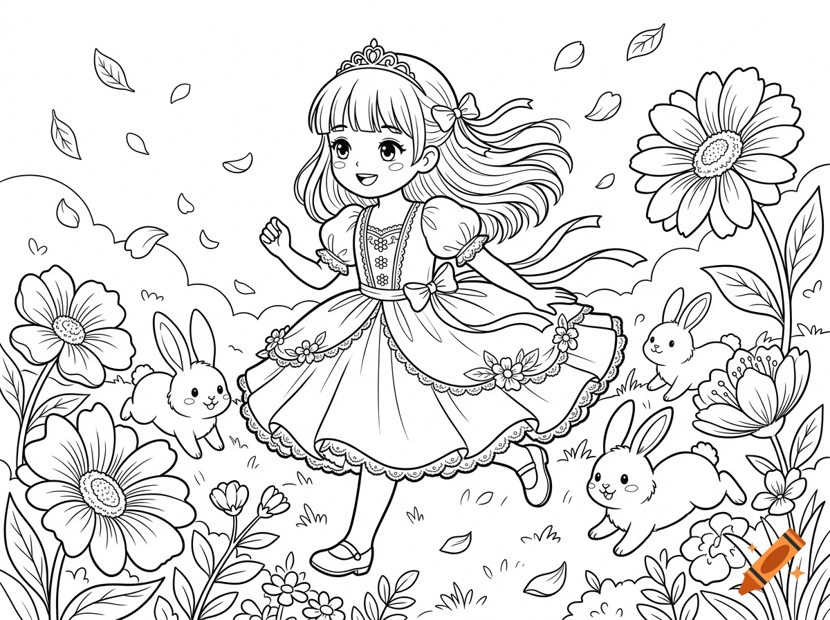 Black and white coloring book page featuring a cute anime princess running through a garden with flowers and rabbits.