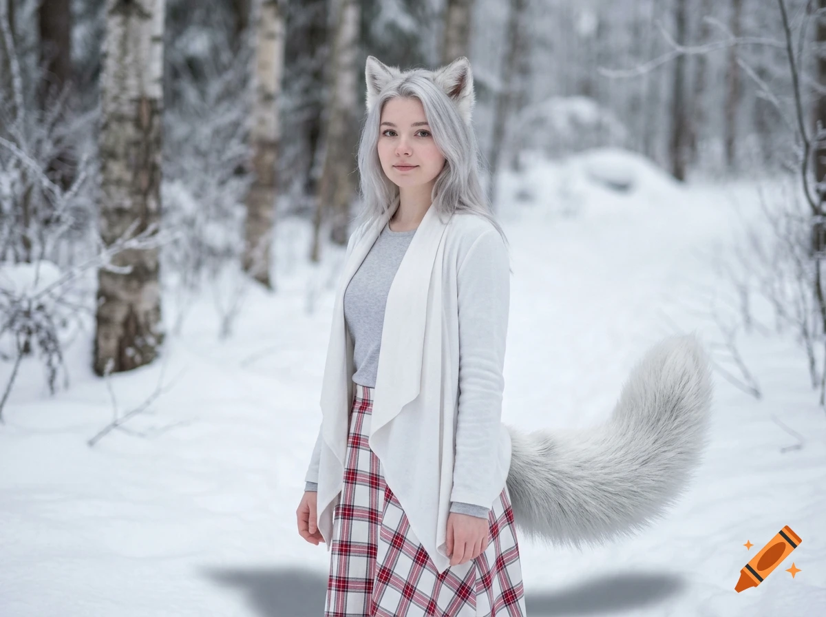 Photorealistic portrait of a young female Arctic fox-human hybrid with fox ears and tail, standing in a snowy forest.