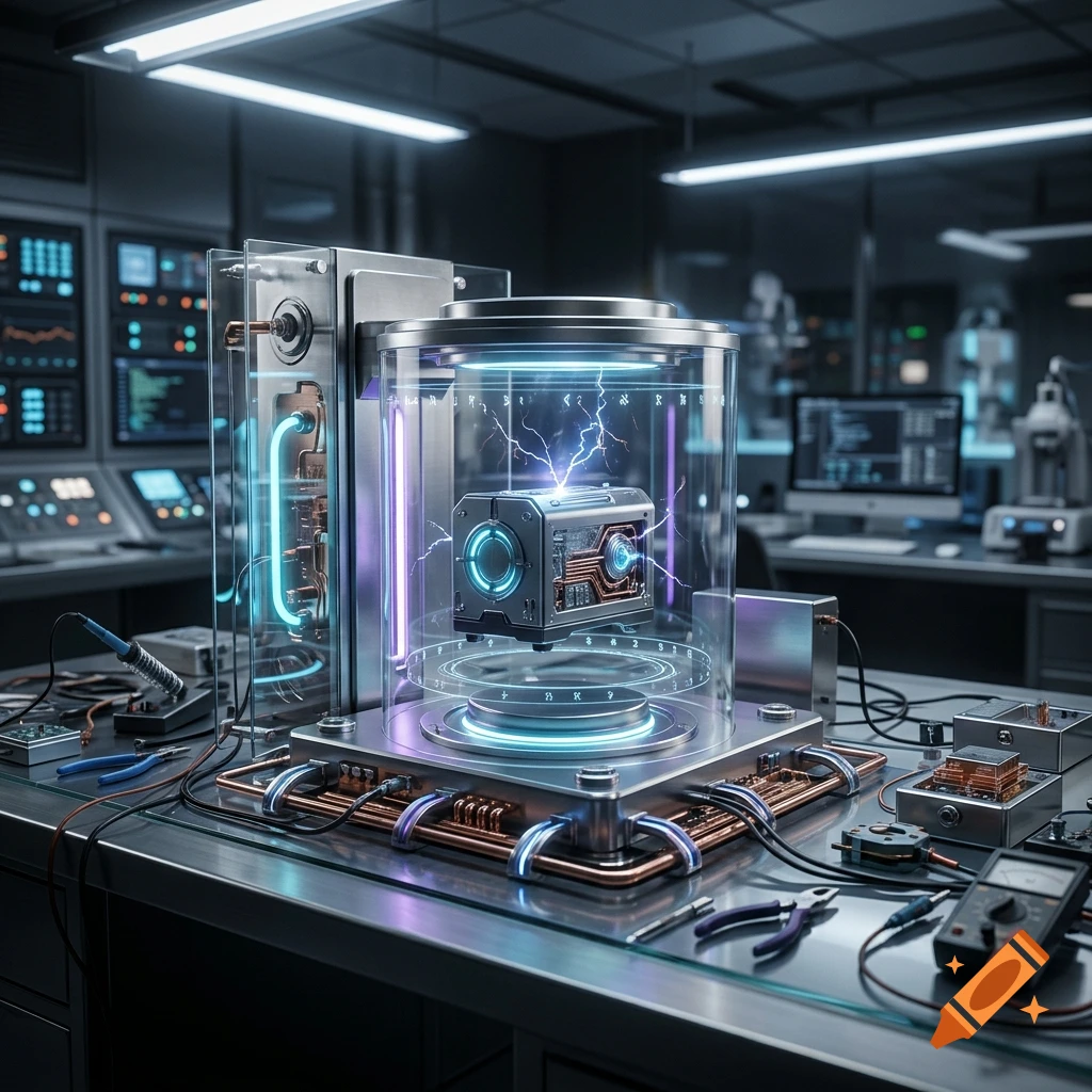 Futuristic laboratory setup featuring a glowing technological device levitating inside a glass cylinder, surrounded by electronics and tools.
