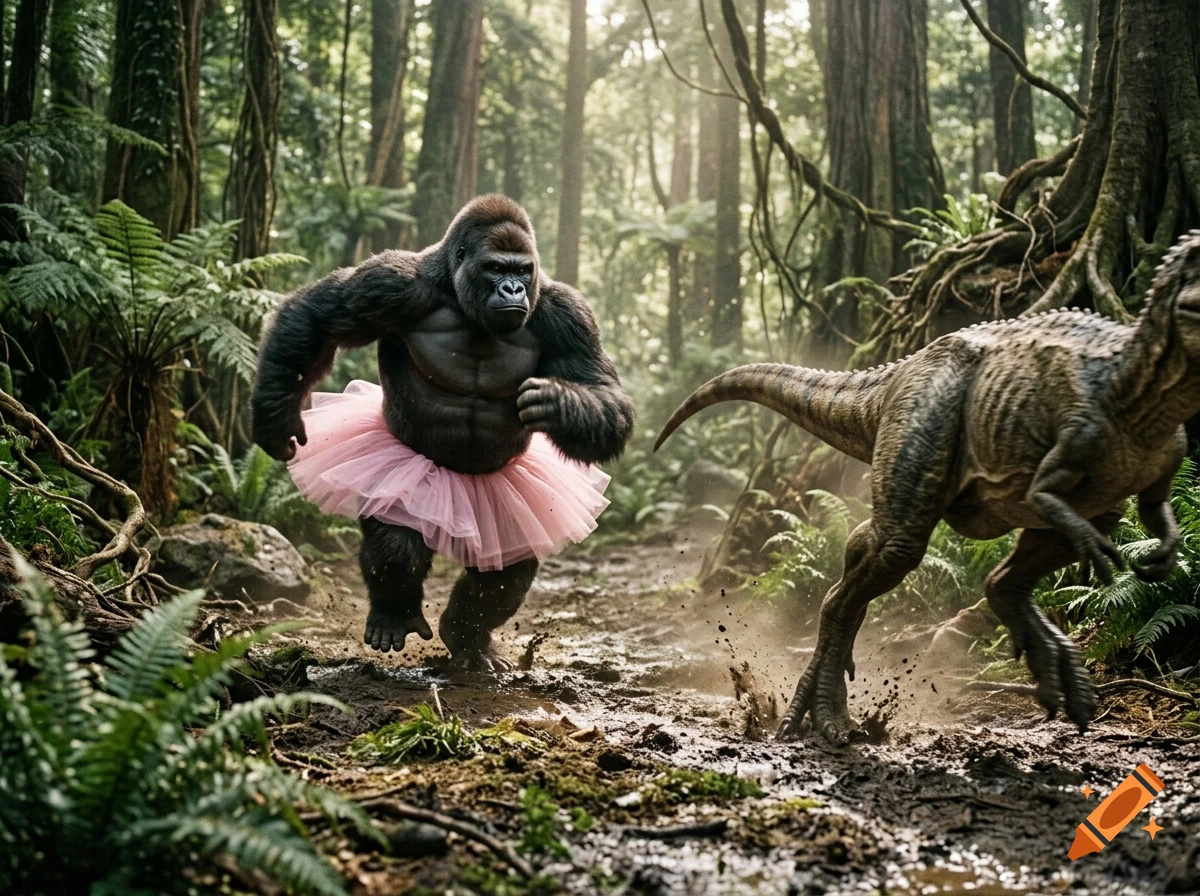 Photorealistic image of a gorilla wearing a pink tutu running through a jungle while being chased by a dinosaur.