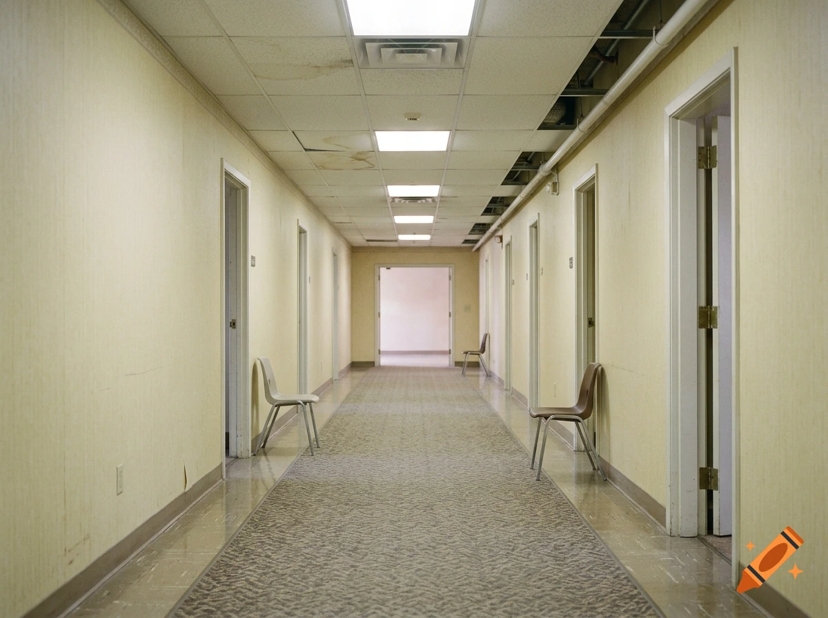 A long, narrow hallway with yellow walls, tiled ceiling, and chairs lining the doors, reminiscent of dreamcore aesthetics.