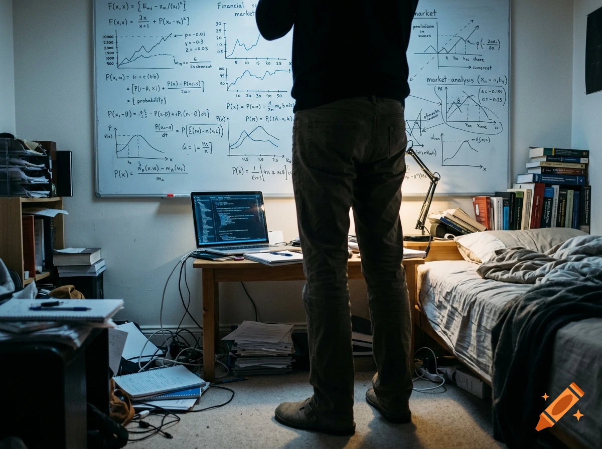 A person standing in a messy bedroom facing a large whiteboard covered in mathematical equations, with a laptop displaying code.