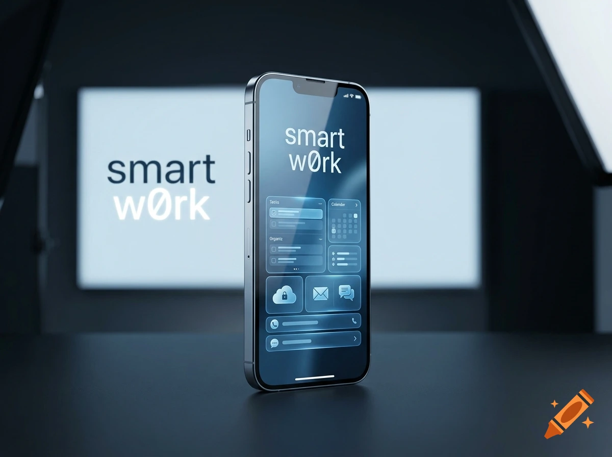 Photorealistic product shot of a modern smartphone with the text smart work on the screen, resting on a dark surface.