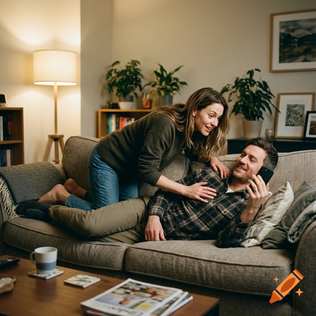 Photorealistic image of a woman crawling over a man lying on a sofa to look at his phone.