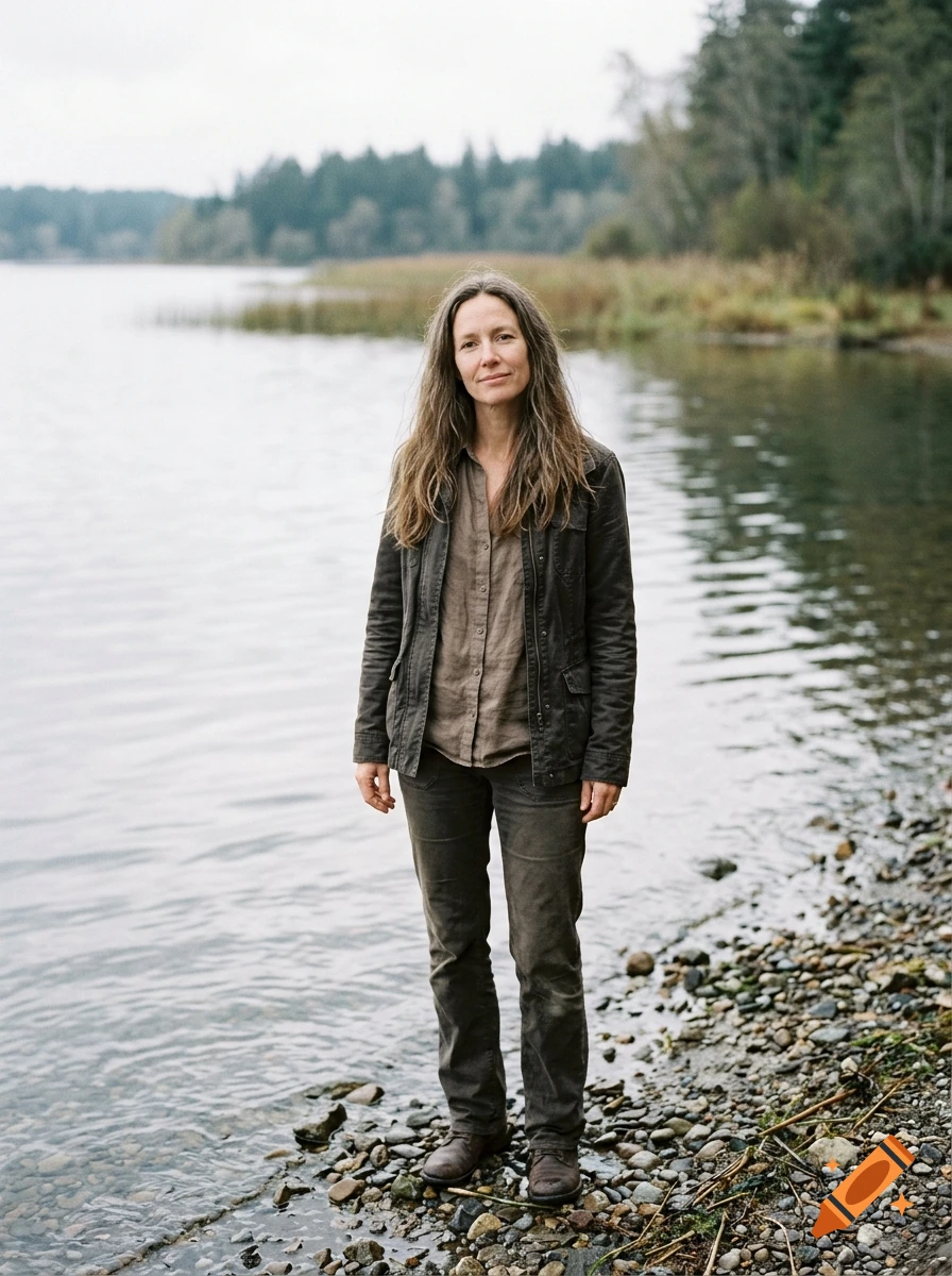 Photorealistic portrait of a woman standing by a lakeside, wearing a jacket and trousers.