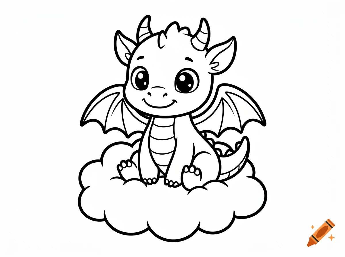 Black and white coloring book page featuring a cute baby dragon sitting on a fluffy cloud, vector line art.