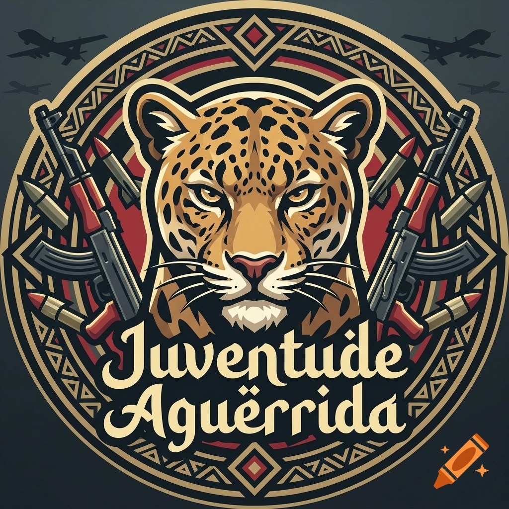 Round emblem featuring a jaguar head with rifles, missiles, and drones, with text reading Juventude Aguerrida.
