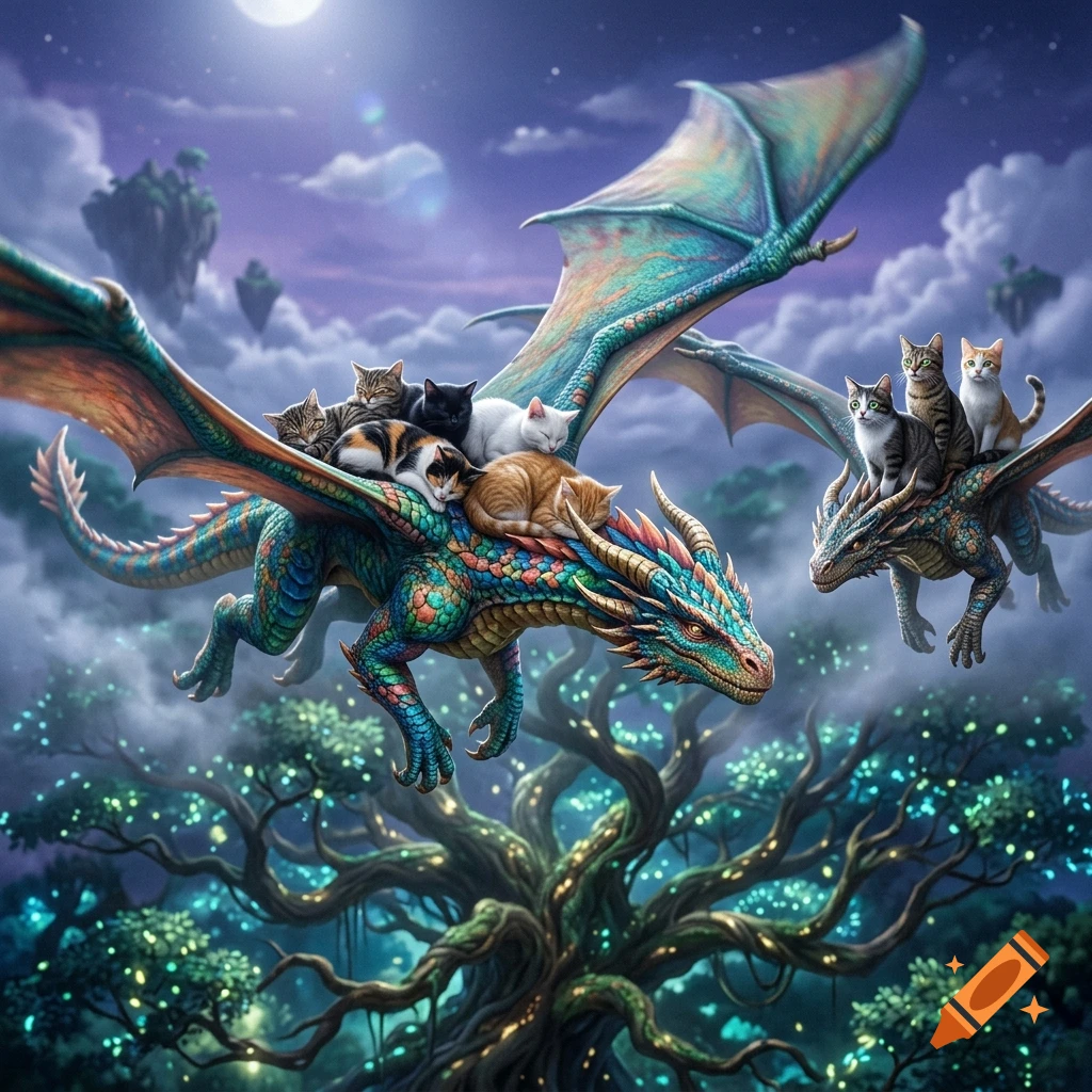 Detailed fantasy digital art of several cats sleeping on a colorful flying dragon, with another dragon carrying awake cats nearby above a glowing tree.