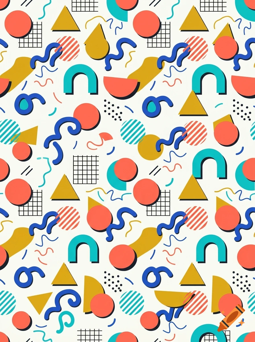 Memphis style seamless pattern with geometric shapes, squiggles, and grids in teal, coral, and yellow.