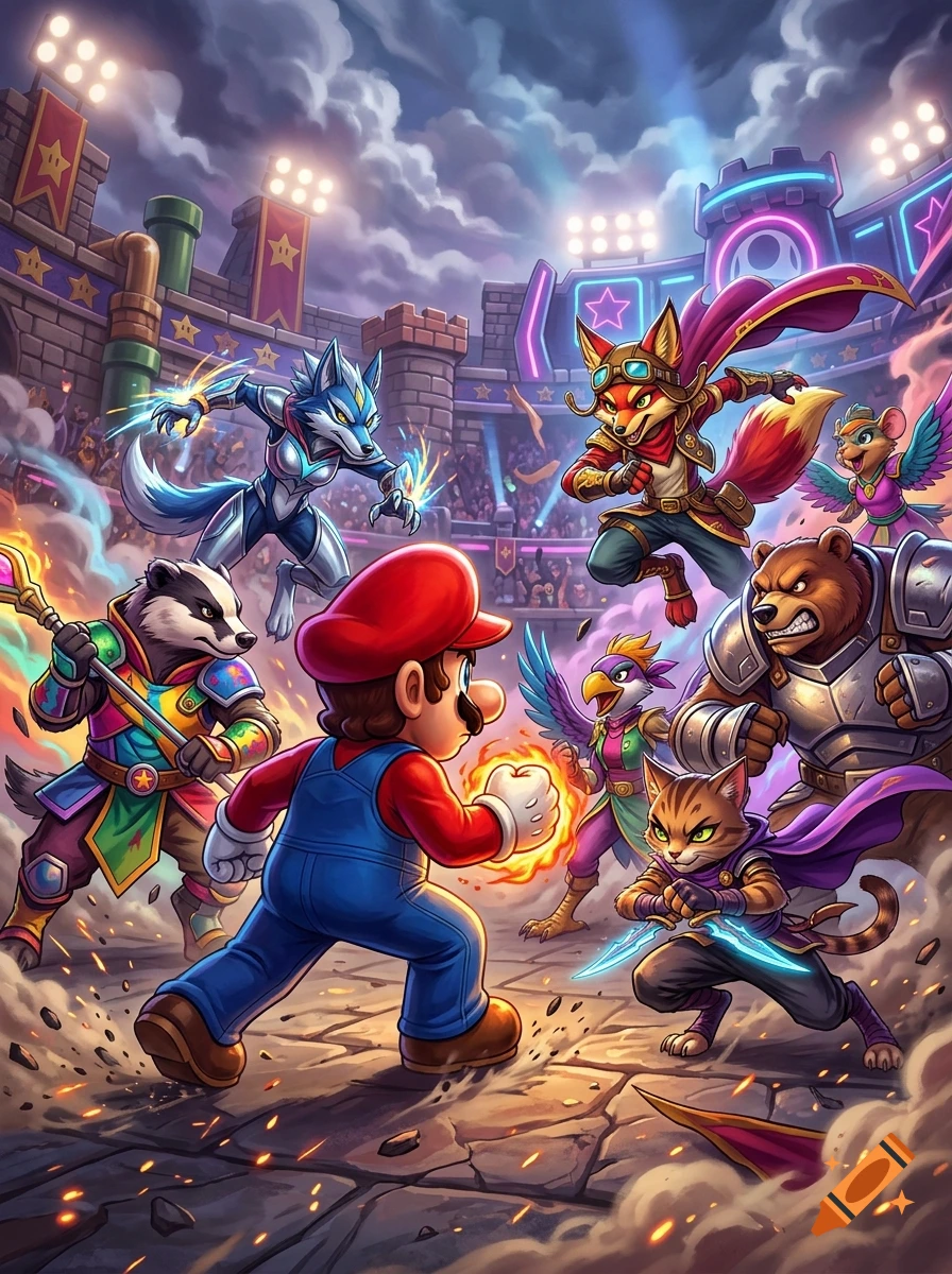 Digital illustration of Mario facing off against various anthropomorphic animal warriors in a stadium arena.
