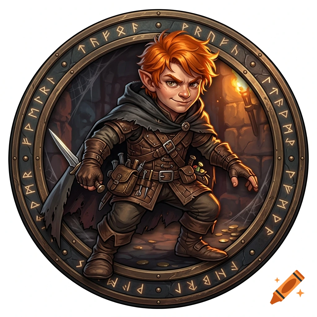 Fantasy game token featuring a rogue halfling with orange hair, leather armor, and a dagger, framed by runes.