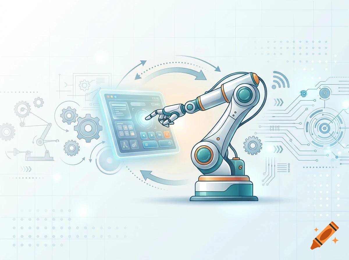 An illustration of a robotic arm interacting with a digital tablet displaying interface menus, surrounded by technological schematics and gears.