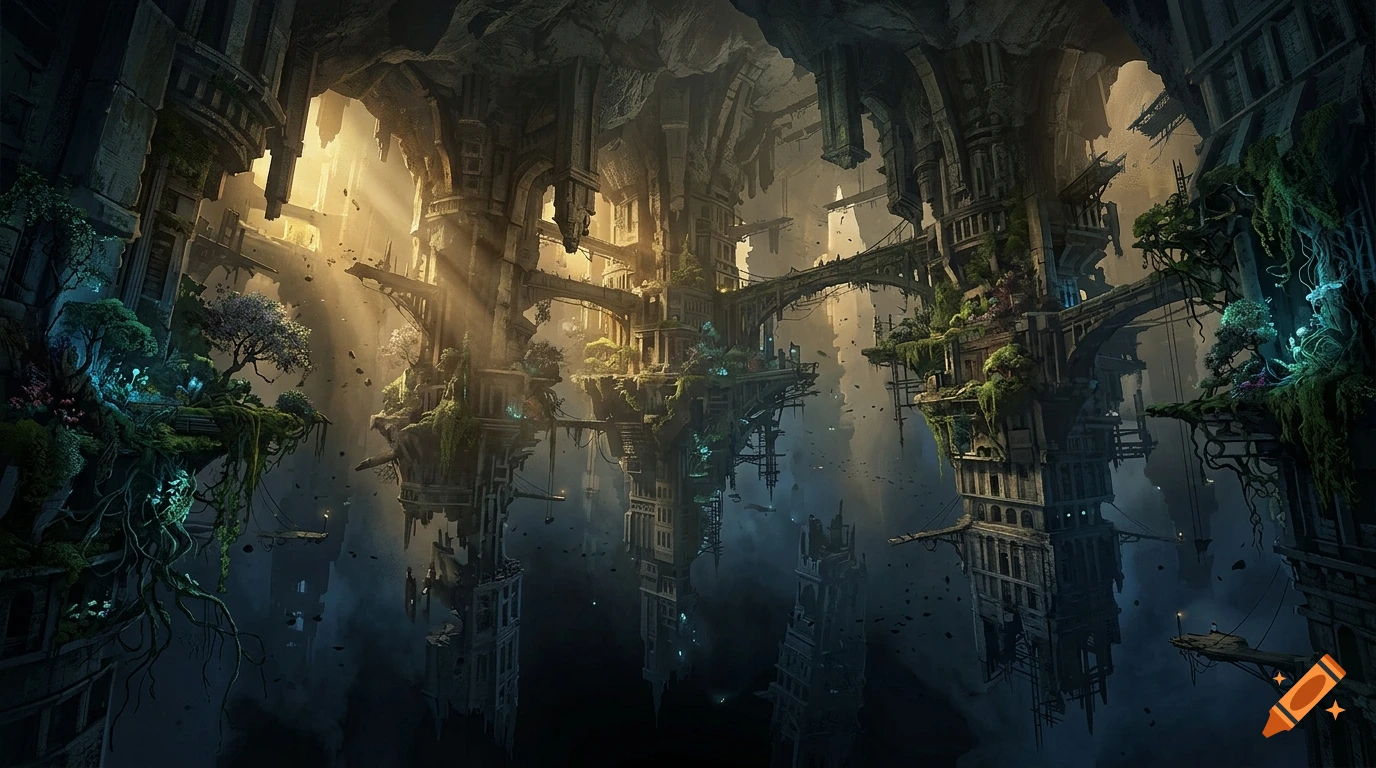 Detailed fantasy digital art of a massive, cavernous subterranean city with inverted hanging towers and lush glowing vegetation.