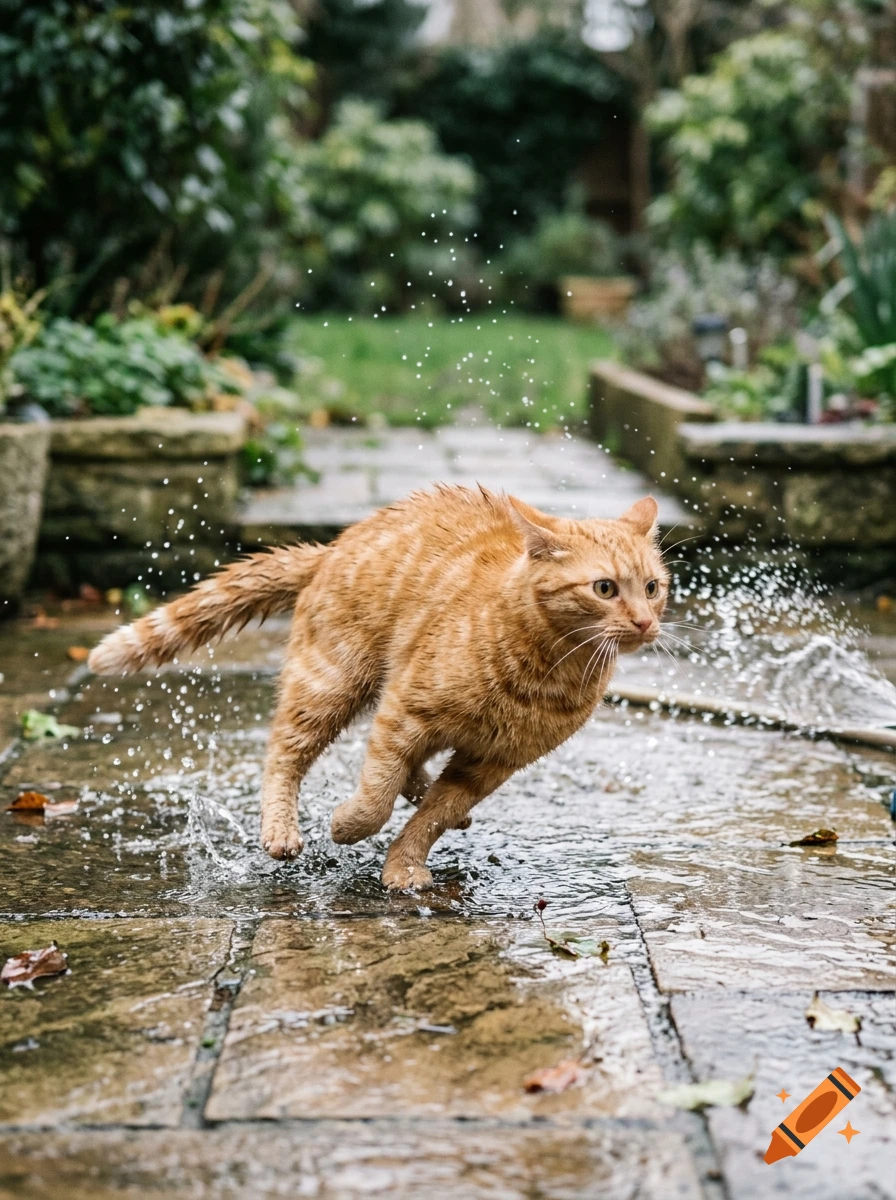 An orange tabby cat running swiftly across a wet stone patio, splashing water drops into the air.