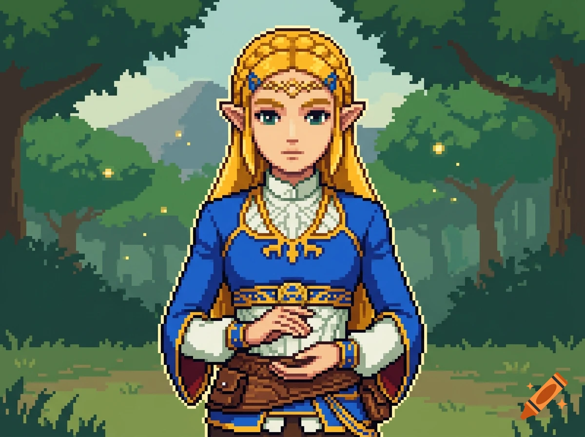 Pixel art portrait of Princess Zelda in her blue outfit standing in a forest setting.