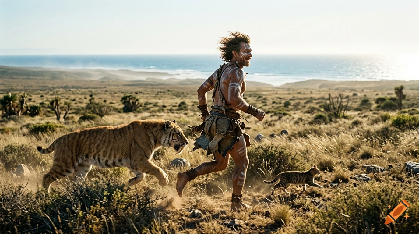 A man painted with body art runs across a grassy coastal landscape alongside a large tiger and a small cat.