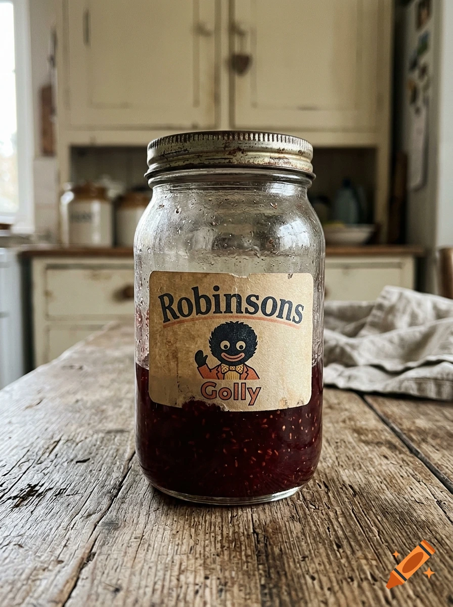 A vintage glass jar containing dark jam sits on a wooden tabletop, with an aged label reading Robinsons Golly.