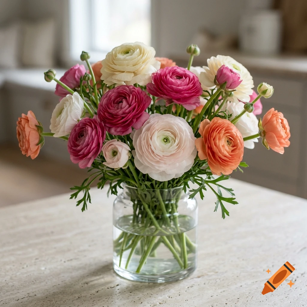 Photorealistic bouquet of multicolored ranunculus flowers in a glass vase on a table.