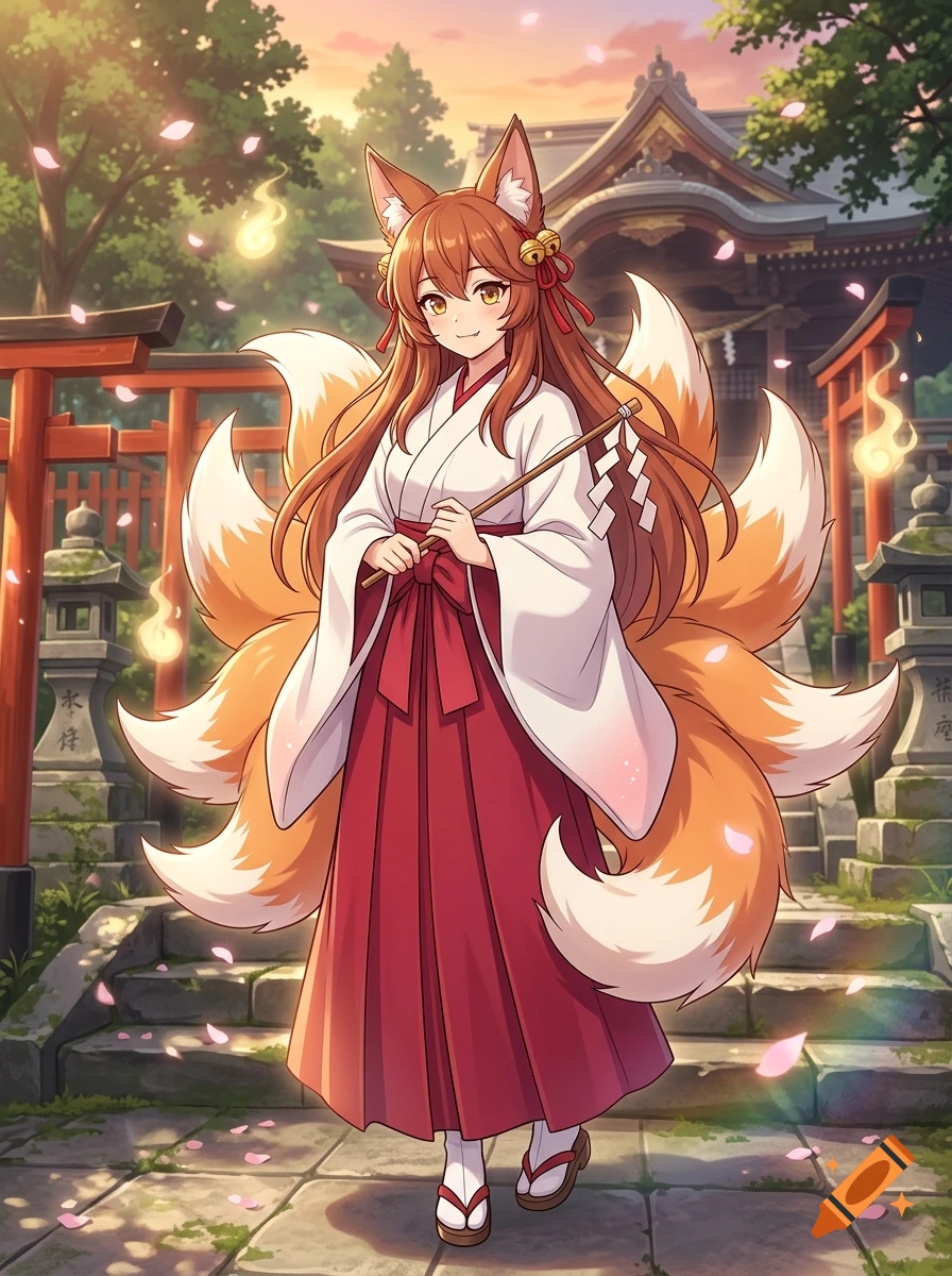 Anime illustration of a cute kitsune shrine maiden with fox ears and multiple tails standing in front of a traditional shrine.