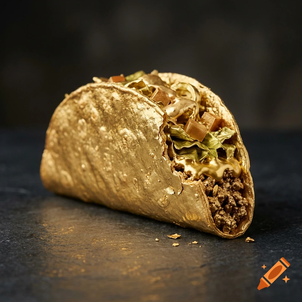 Photorealistic image of a taco coated in gold leaf, resting on a dark surface.