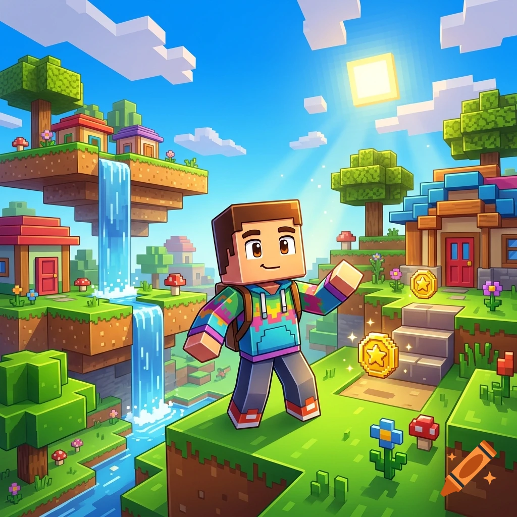 3D blocky video game style floating island landscape with a male character, waterfall, and gold coins in a vibrant digital illustration.