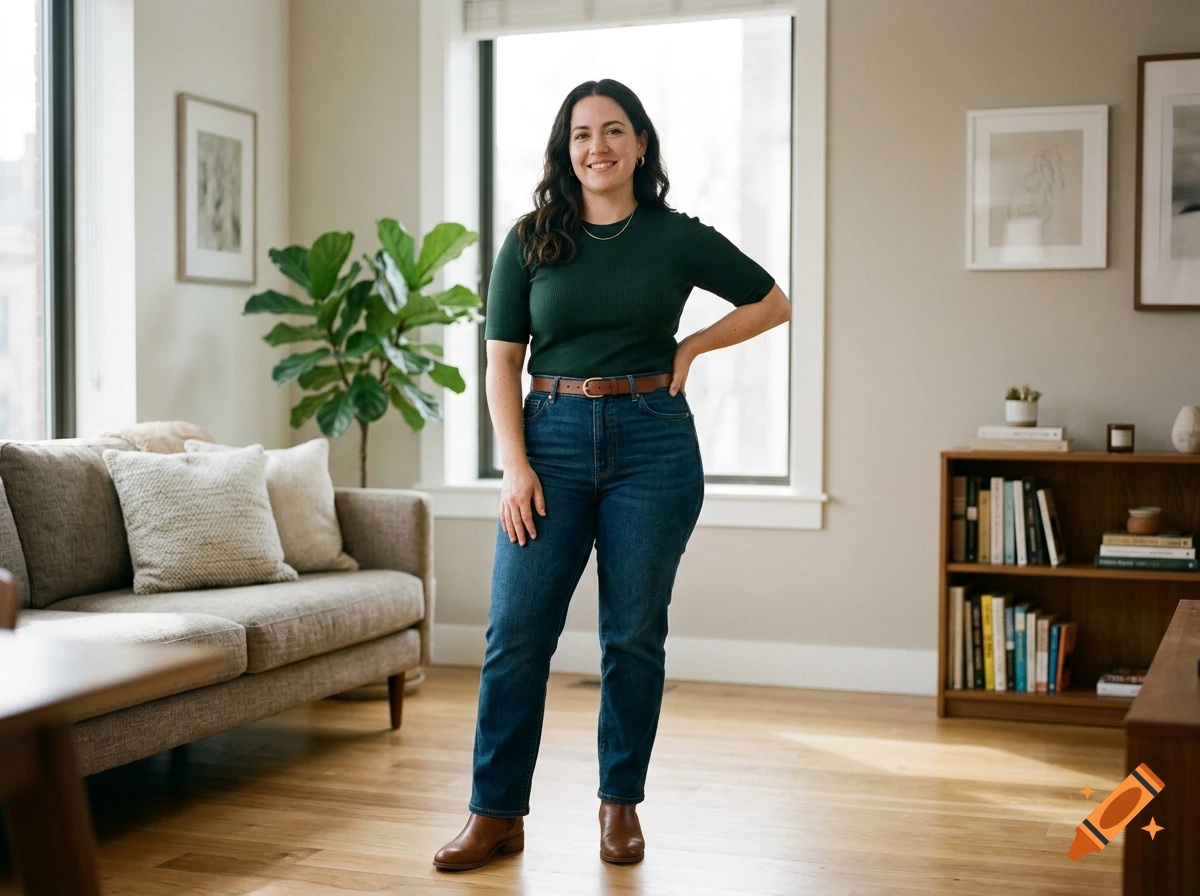 A smiling woman wearing a dark green top, blue jeans, and a brown belt standing in a brightly lit room.