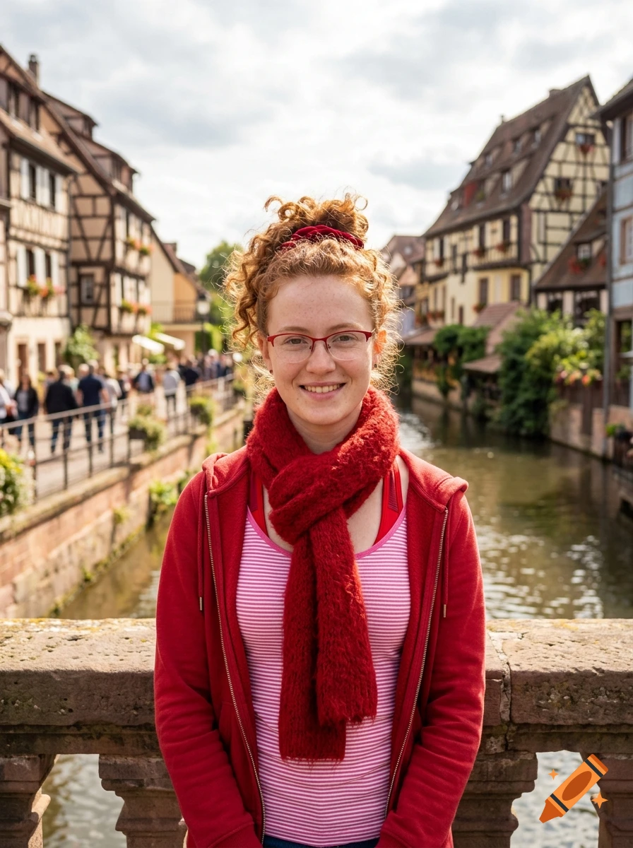 Photorealistic portrait of a young woman with curly red hair and glasses standing on a bridge in a historic European town with canals.