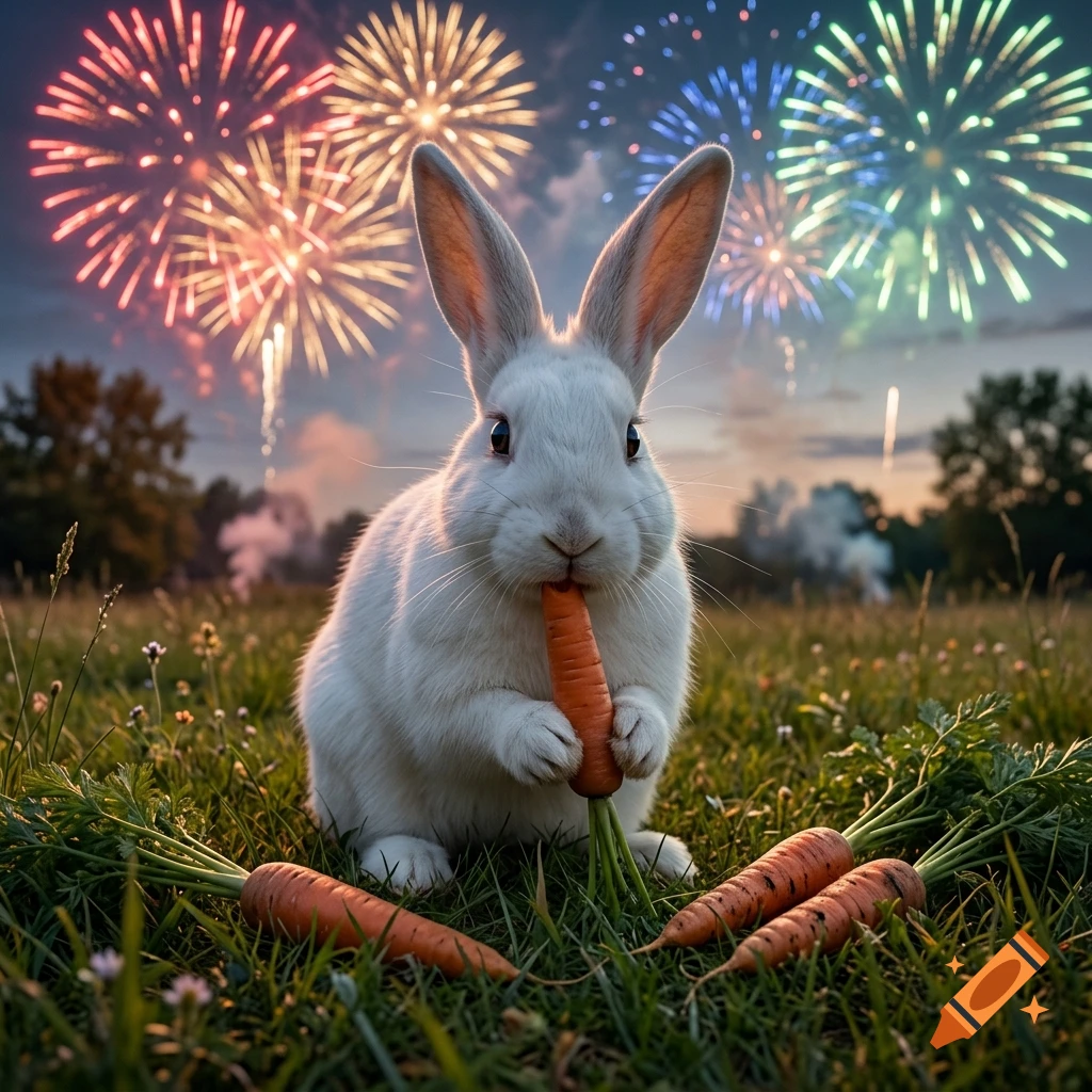 A photorealistic white rabbit eating a carrot in a grassy field with colorful fireworks exploding in the night sky.