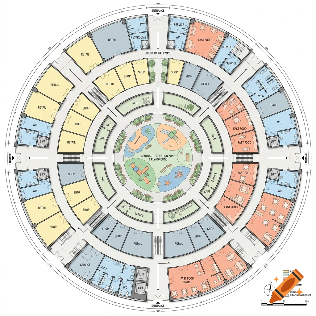 2D floor plan of a circular mall featuring a central playground surrounded by concentric rings of shops, restaurants, and corridors.