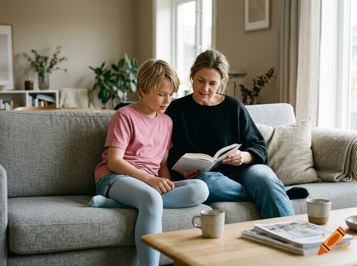 Photorealistic scene of a woman and a young boy reading a book together on a sofa in a living room.