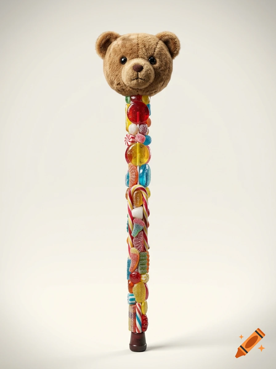 A photograph of a walking cane with a teddy bear head on top, and a shaft made of colorful stacked candies.