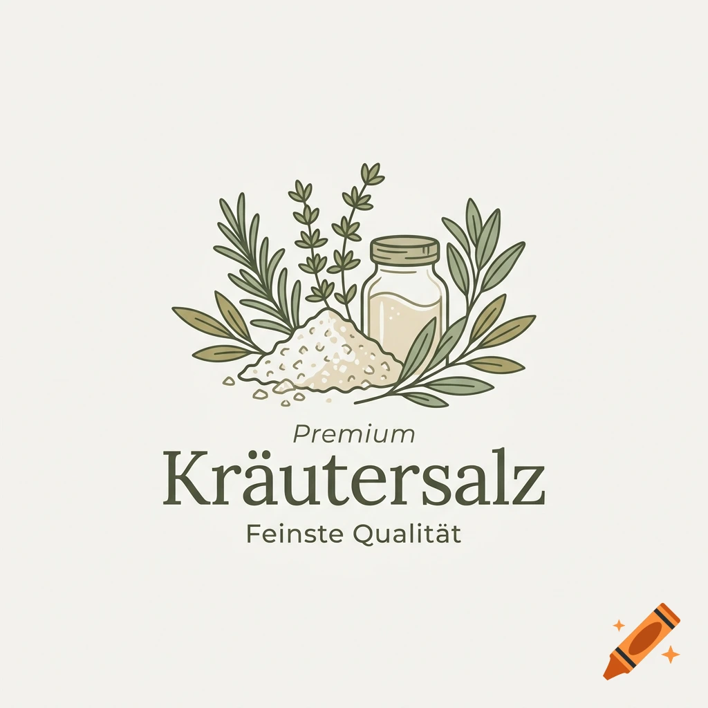 A stylized logo of herbal salt featuring a glass jar, a pile of salt, and sprigs of herbs with German text reading Kräutersalz.