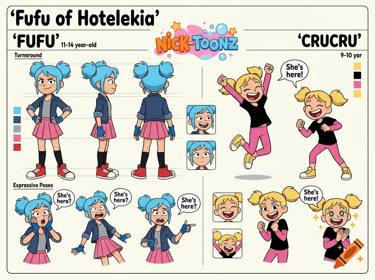 Character reference sheet for two animated girls named Fufu and Crucru in Nickelodeon cartoon style.