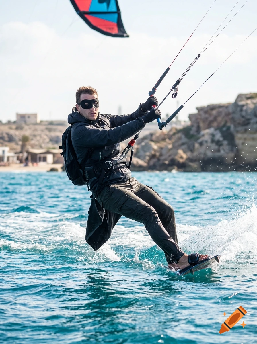 Photorealistic image of a man wearing a black mask and jacket kitesurfing across blue water.