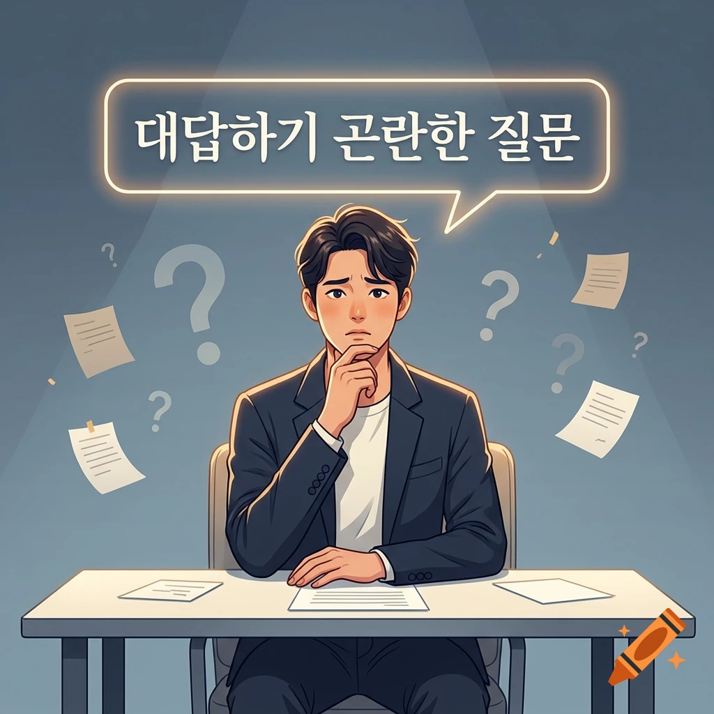 An illustrated man sitting at a desk with a thoughtful expression under a glowing speech bubble containing Korean text.