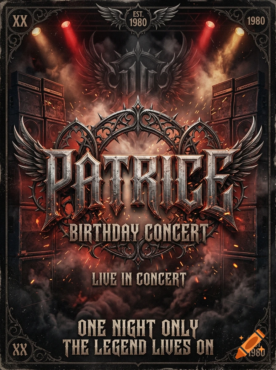 A dramatic concert poster featuring metallic heavy metal typography reading 'PATRICE BIRTHDAY CONCERT' set against a dark, smoky stage background with speaker stacks, stage lights, and wings.
