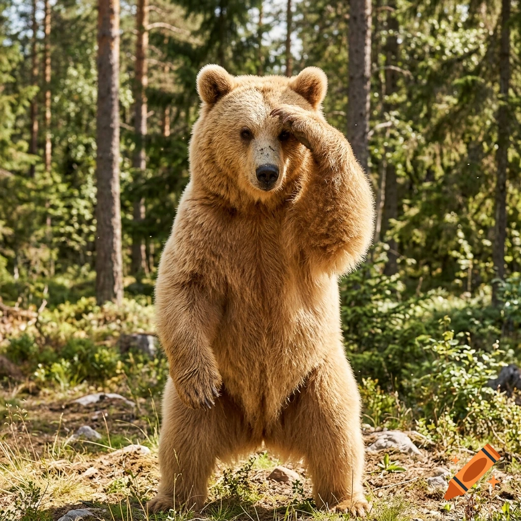 A brown bear stands upright on its hind legs in a forest, holding one paw to its forehead as if shielding its eyes from the sun.
